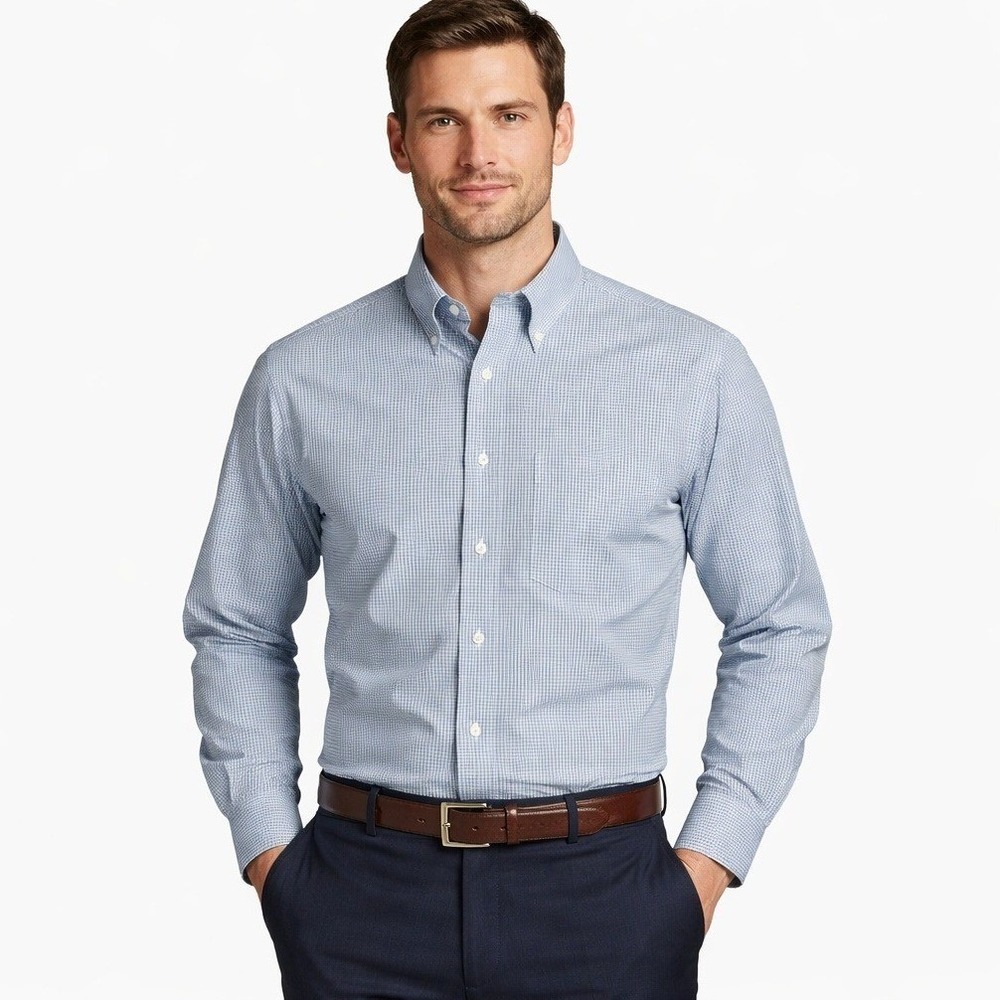 Brooks Brothers Shirt Mens 16.5-33 Non-Iron Regent Fit Dress Light Blue Gingham